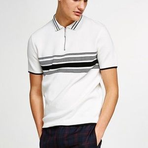 Topman White And Black Stripe Zip Knitted Polo